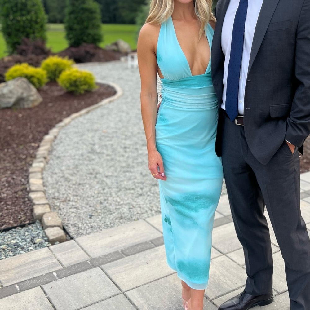 Zara Blue Ruched Halter Maxi Dress